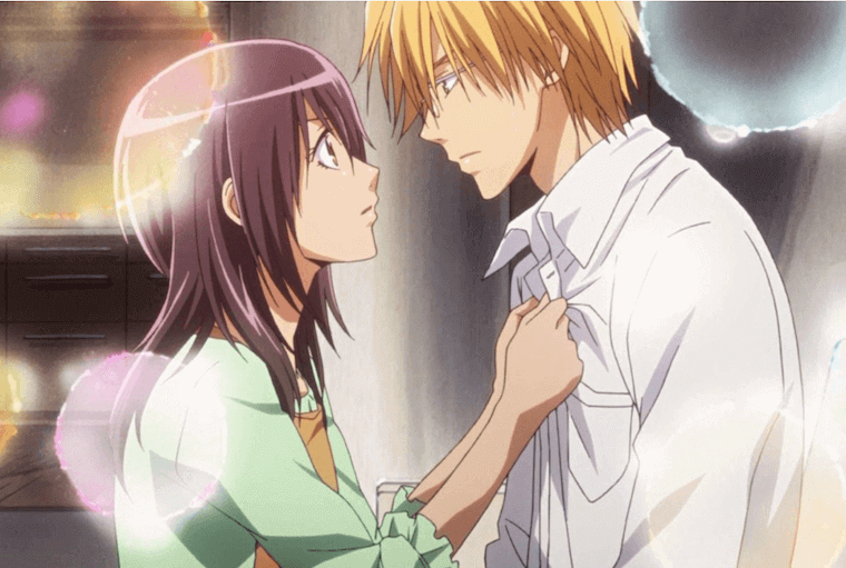 an anime image of a couple looking each other