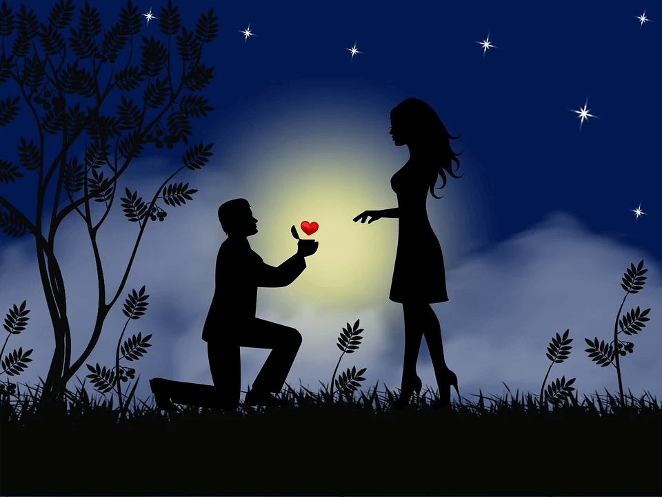 Silhouette of a cartoon man proposing to his woman <image5>