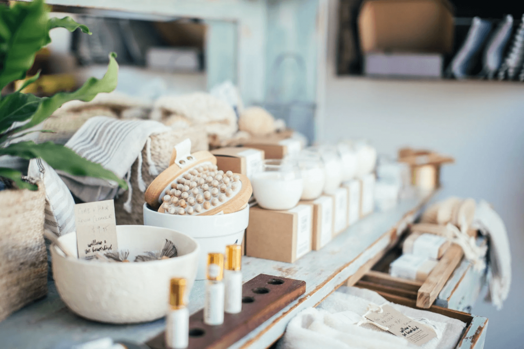 perfume, brushes, and aromatic candles (cosmetics shop image)