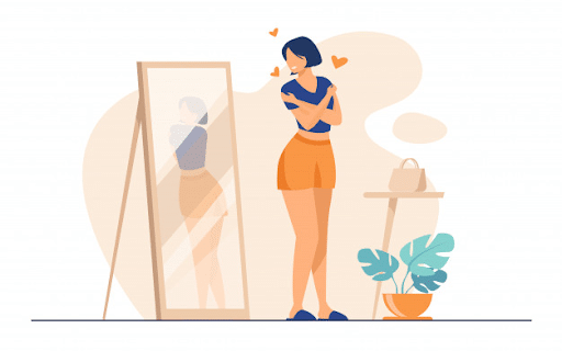 Narcissist lady standing in front of a mirror and admiring her reflection