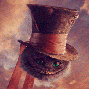 Cheshire Cat’s with a hat on, and with his head only, winking
