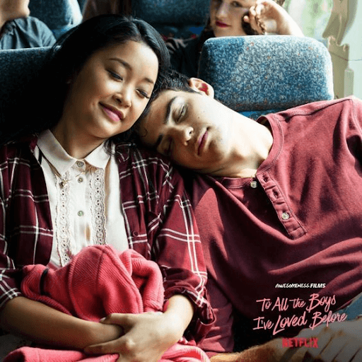  Lara Jean and Peter on a bus with Peter lying on Lara Jean’s shoulder
