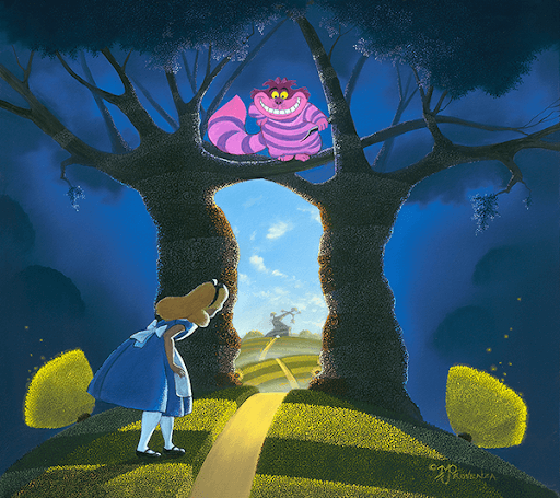 Alice looking at a portal to another dimension between two trees while the Cheshire Cat smiles between the trees