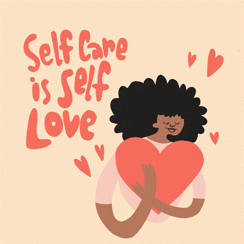  a woman hugging a big beating heart and words “Self care is self love” written in the side