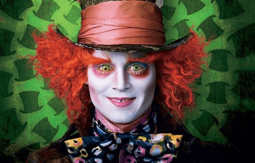 Front view of the smiling Mad Hatter played by Johnny Depp