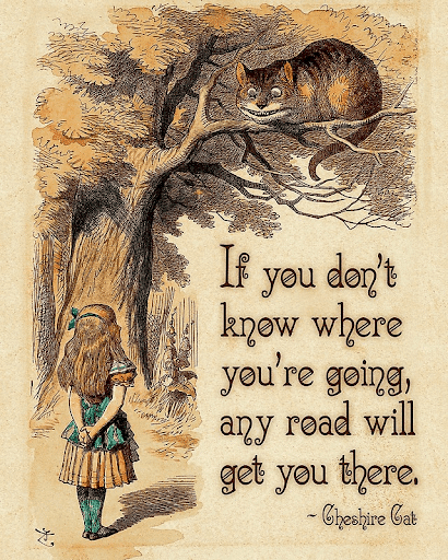 illustration of Alice looking up at the Cheshire Cat who is in a tree