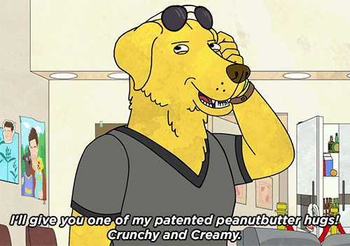 Mr. Peanutbutter talking with someone on his phone happiness