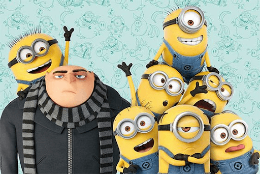 Irritated Gru with 7 of his minions