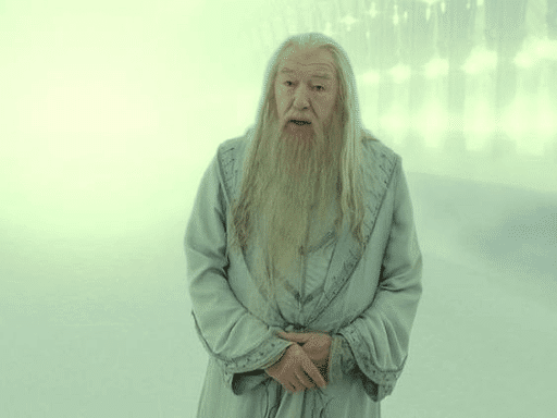 Hatless Dumbledore talking in a misty background