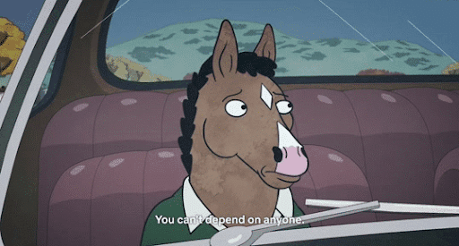 BoJack seated in a moving car while Diane is talking to him