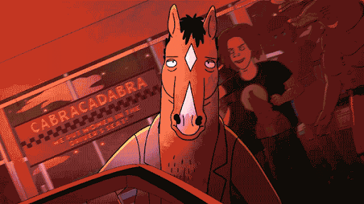 BoJack Horseman driving a car backward and then falling into a body of water